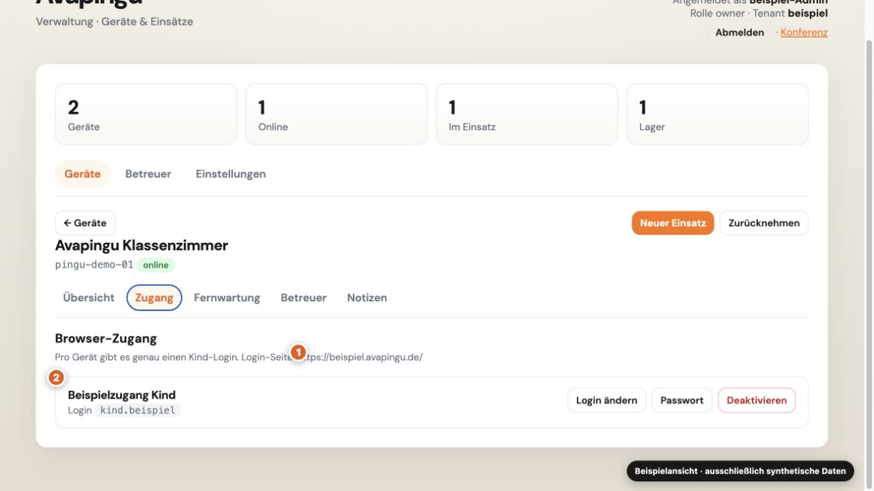 Beschrifteter Kinderzugang mit persönlicher Anmeldeadresse und den Aktionen Login ändern, Passwort ändern und deaktivieren