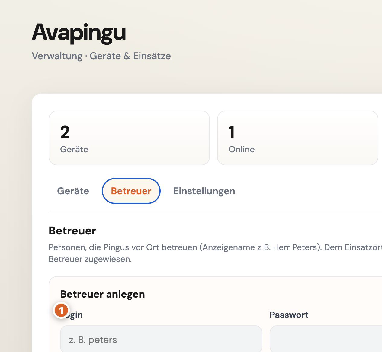 Bildausschnitt der Betreuerverwaltung mit ausgewähltem Reiter und Beginn des Formulars zum Anlegen eines Logins