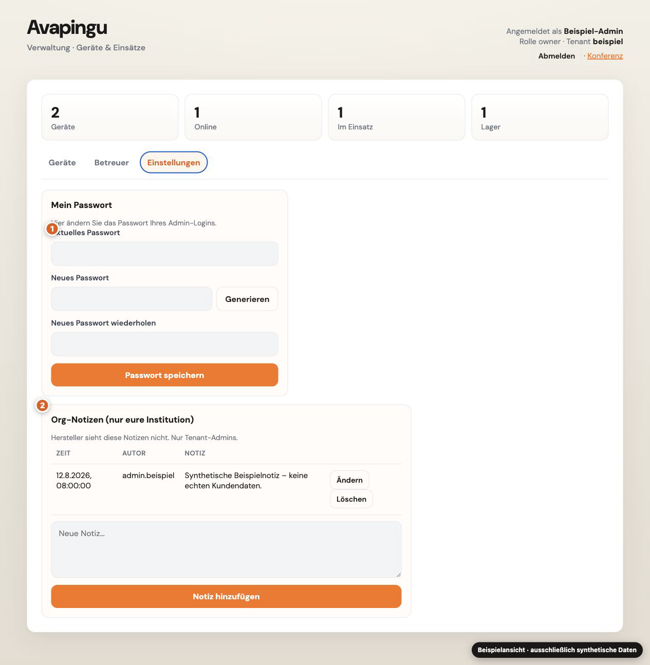 Beschriftete Organisationseinstellungen für das eigene Passwort und sachliche Notizen