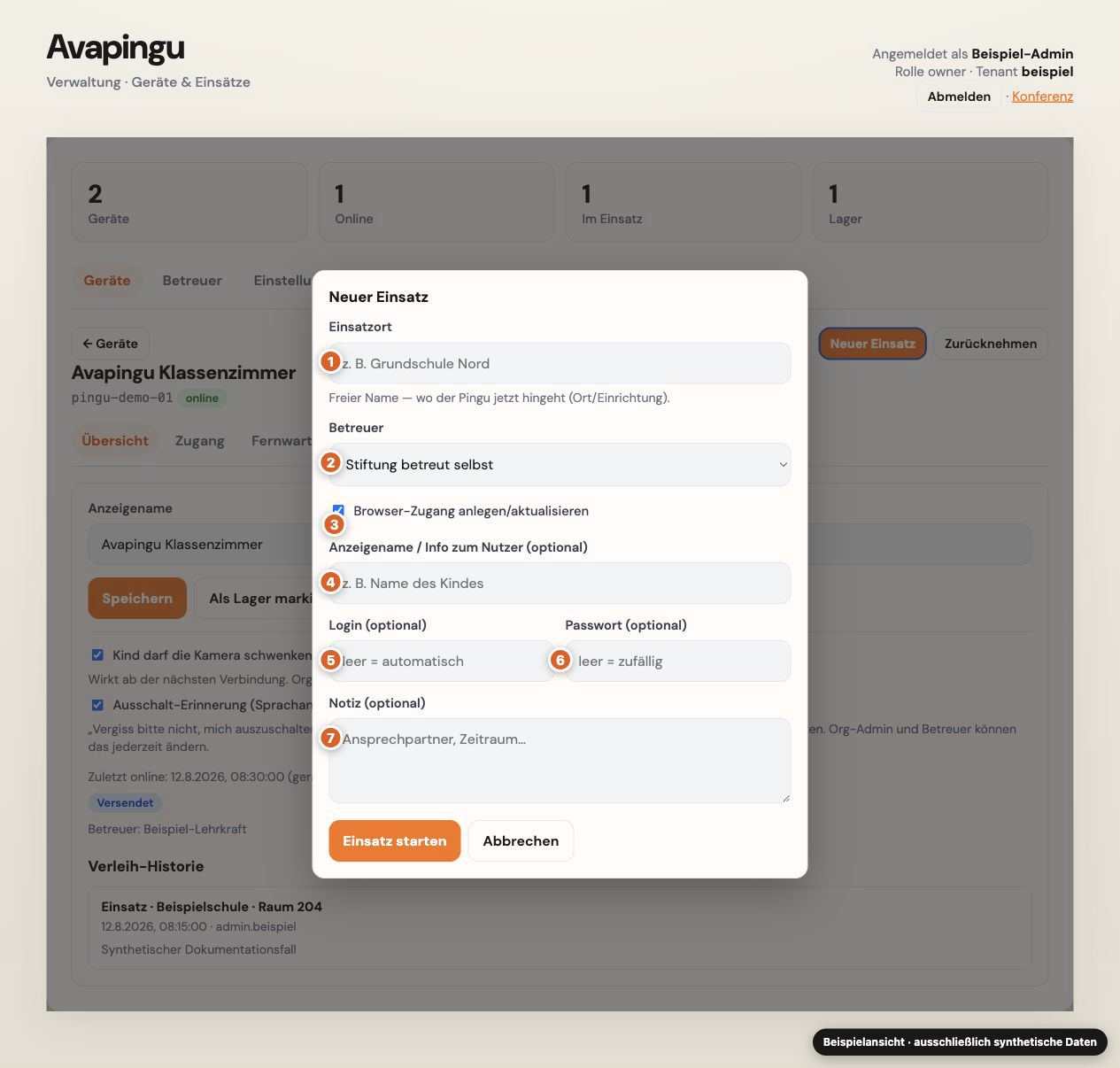 Beschrifteter Dialog Neuer Einsatz mit Einsatzort, Betreuer, Browser-Zugang, Anzeigename, Login, Passwort und Notiz